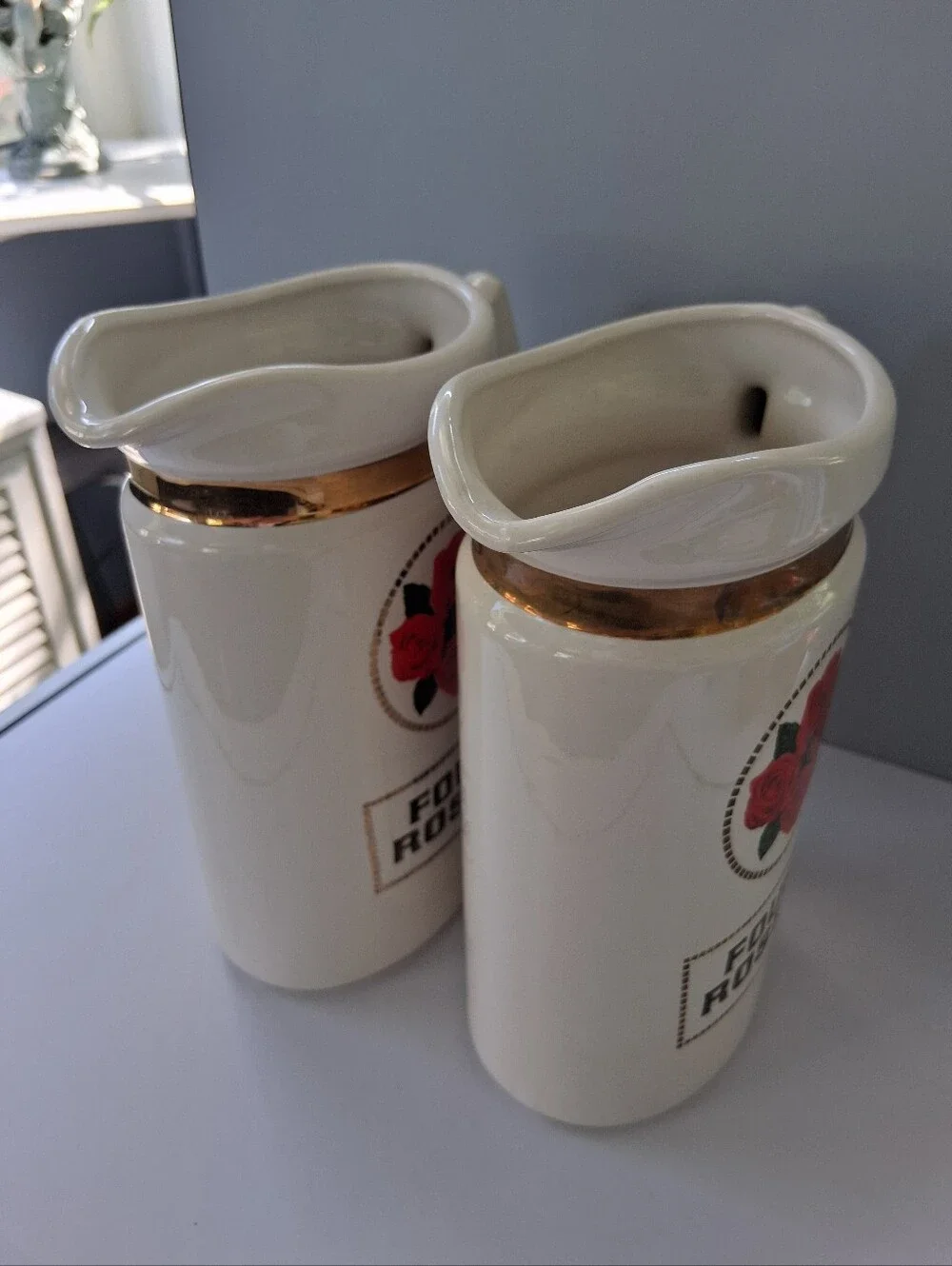 Four Roses Collectible Ceramic Pitcher Set with Red Rose Motif Amd Gold Trim